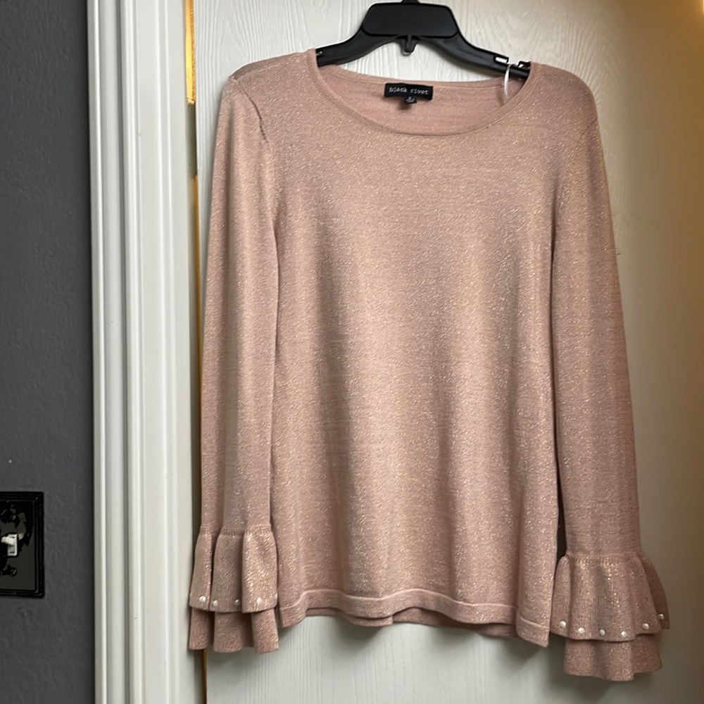 Used like new pale pink sweater pearls ruffle sleeves size Small